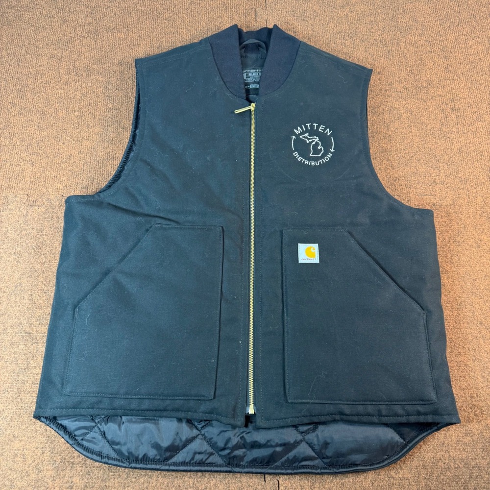 Carhartt Duck Vest Men Large Black Quilt Lined Workwear Mitten Logo OV0001-M V01